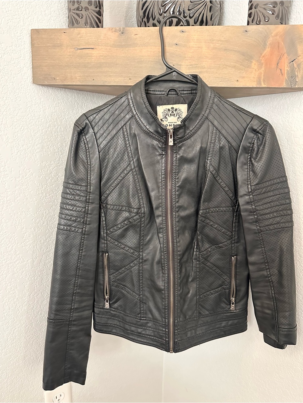 Black Perforated Pleather Moto Jacket